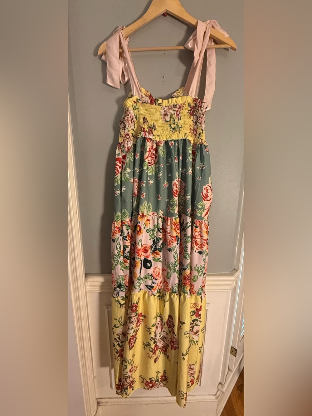 Floral Patchwork Smocked Tie Strap Cottagecore Prairie Maxi Dress Small - Picture 2 of 7